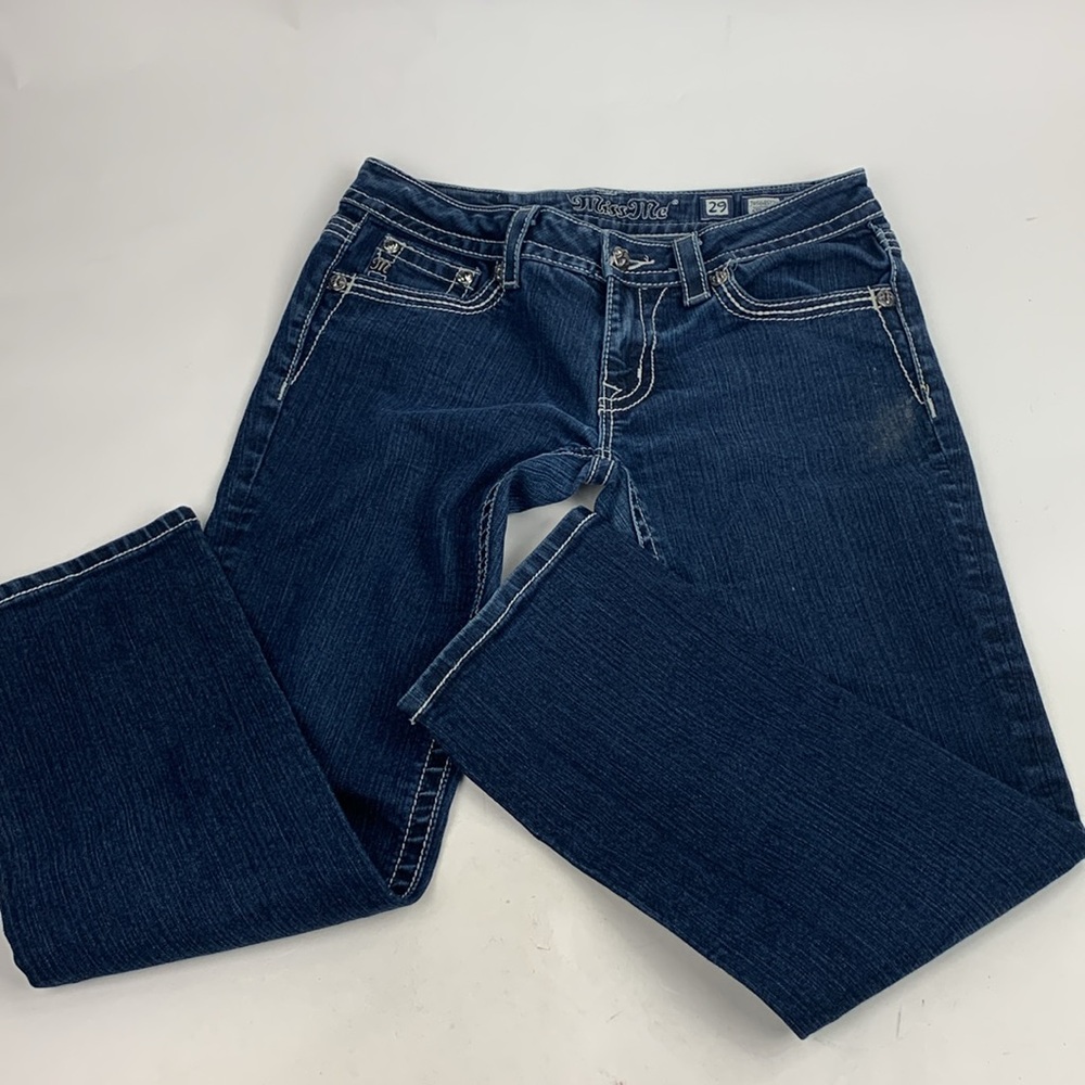 Miss Me Straight Jeans Med dark wash denim stretch Flap bling stud pockets - Picture 12 of 14